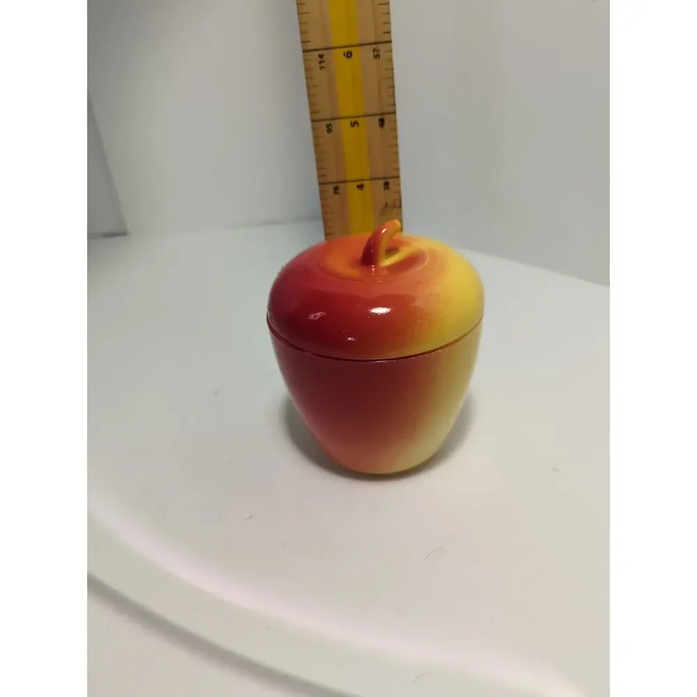 Hazel Atlas Apple Milk Glass Covered Sugar Bowl Jam Jar Red Yellow 4"H Vintage - Picture 8 of 9